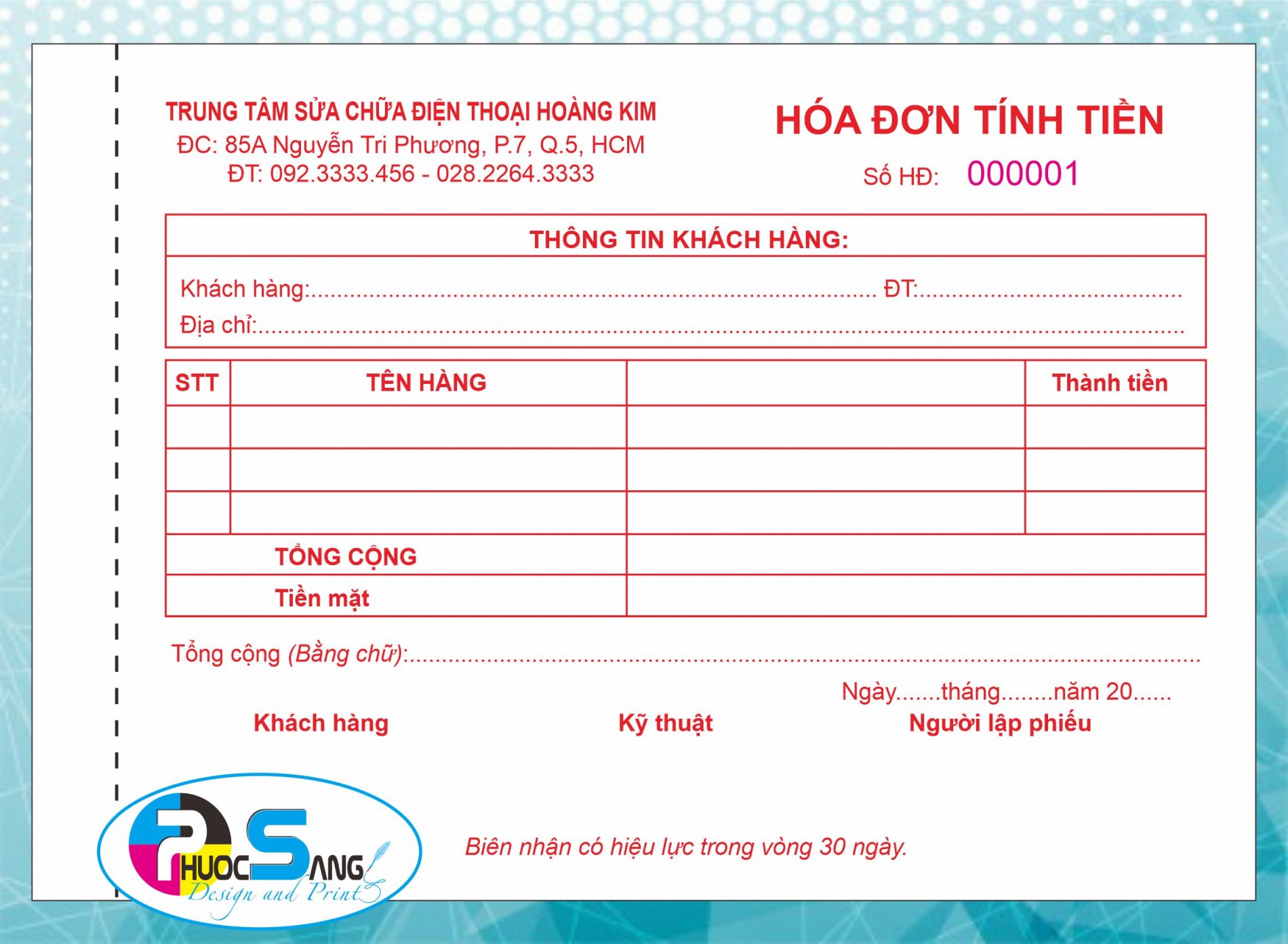 In hóa đơn tính tiền giá rẻ tại xưởng in Phước Sang