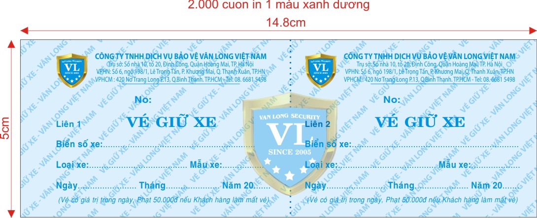 Vé giữ xe Công ty Bảo Vệ Vân Long Việt Nam